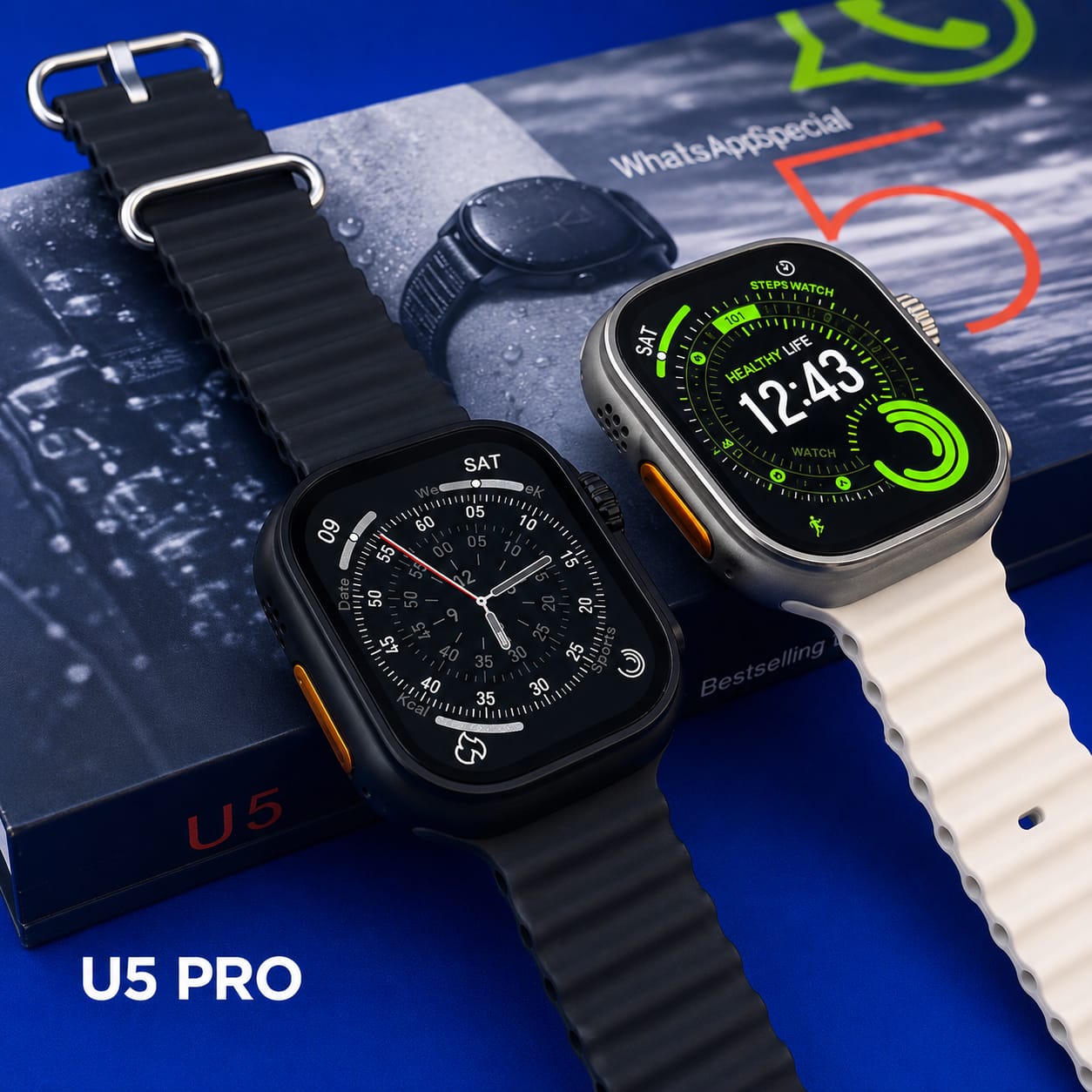 Smartwatch U5 Pro Ultra preto e prateado sobre a caixa U5 Pro
