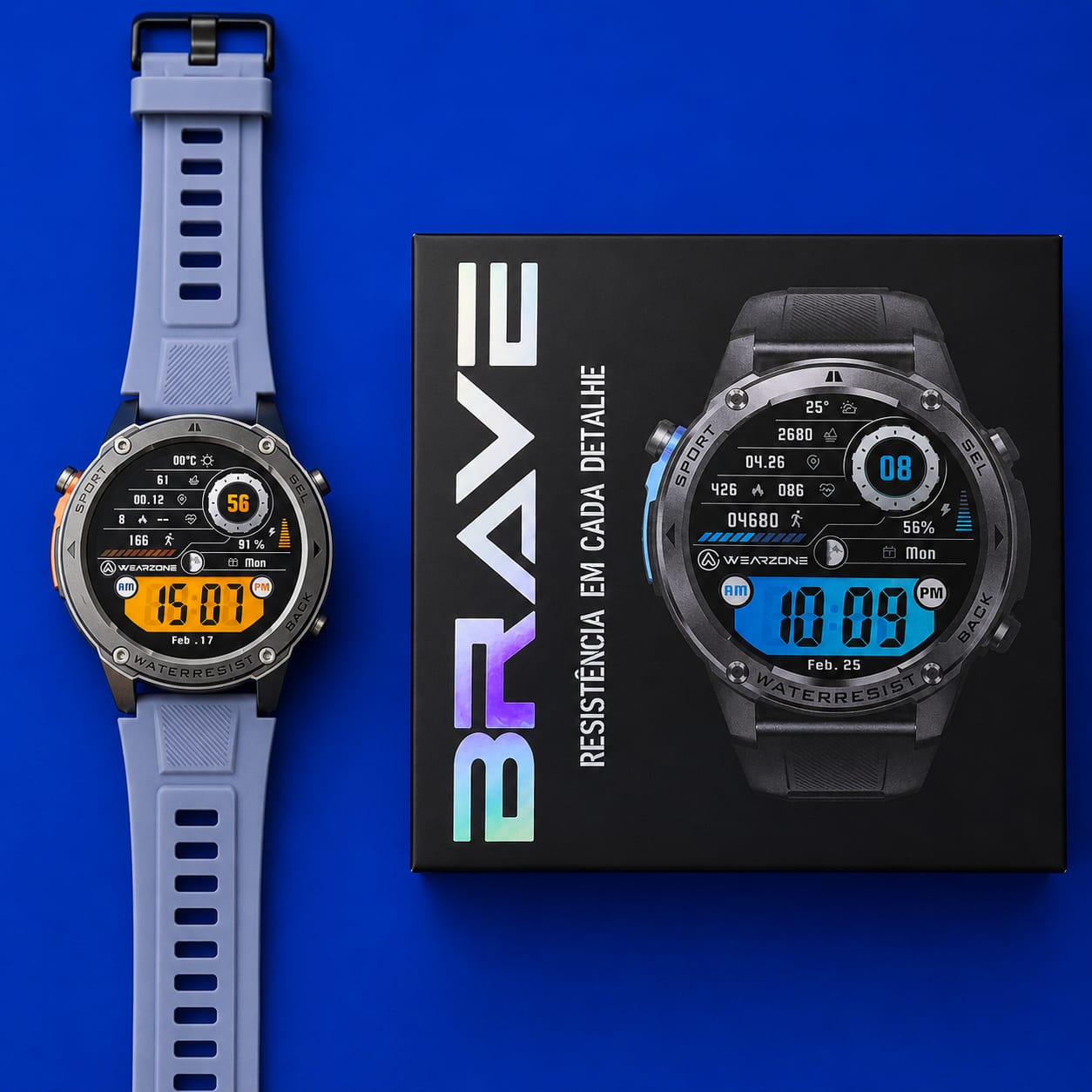 Smartwatch Wearzone Brave com pulseira cinza ao lado da caixa preta Brave