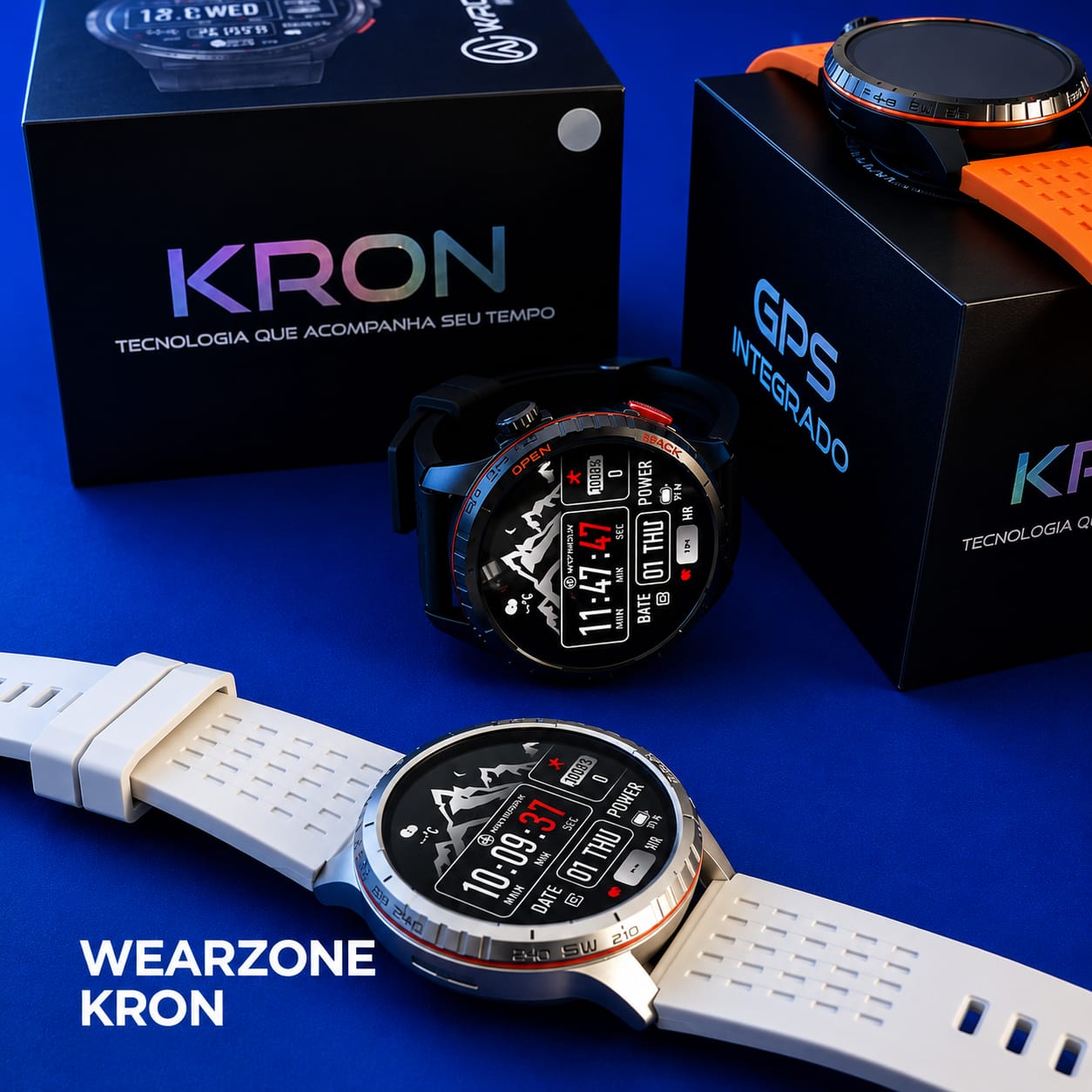 Smartwatch Wearzone Kron preto e prateado ao lado das caixas KRON