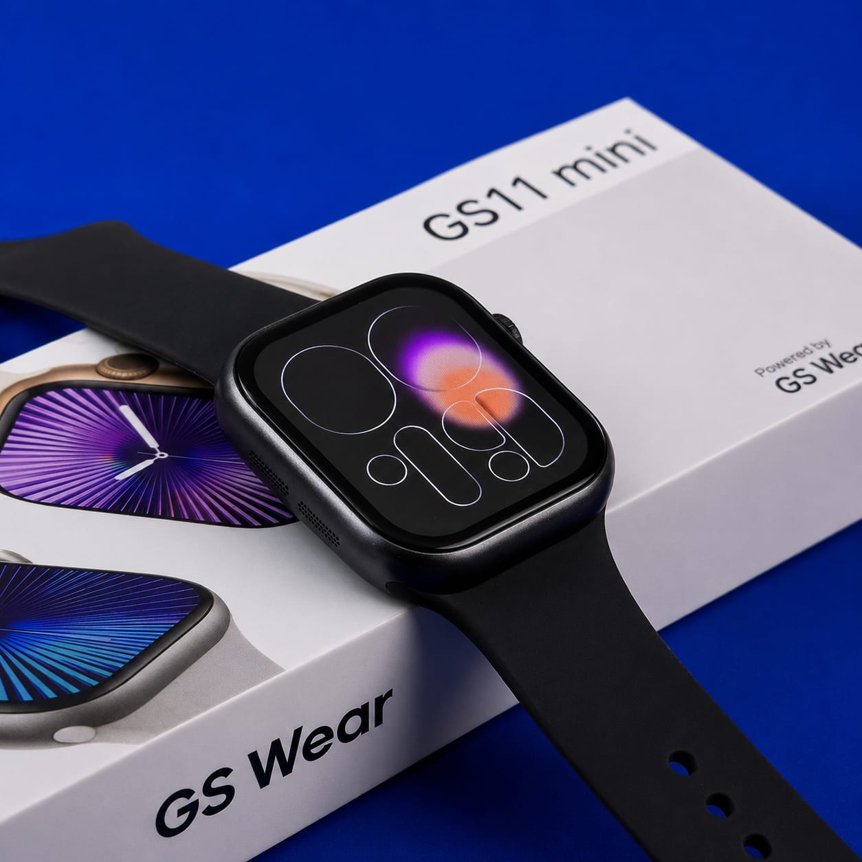 Smartwatch GS11 Mini preto sobre a caixa GS11 mini
