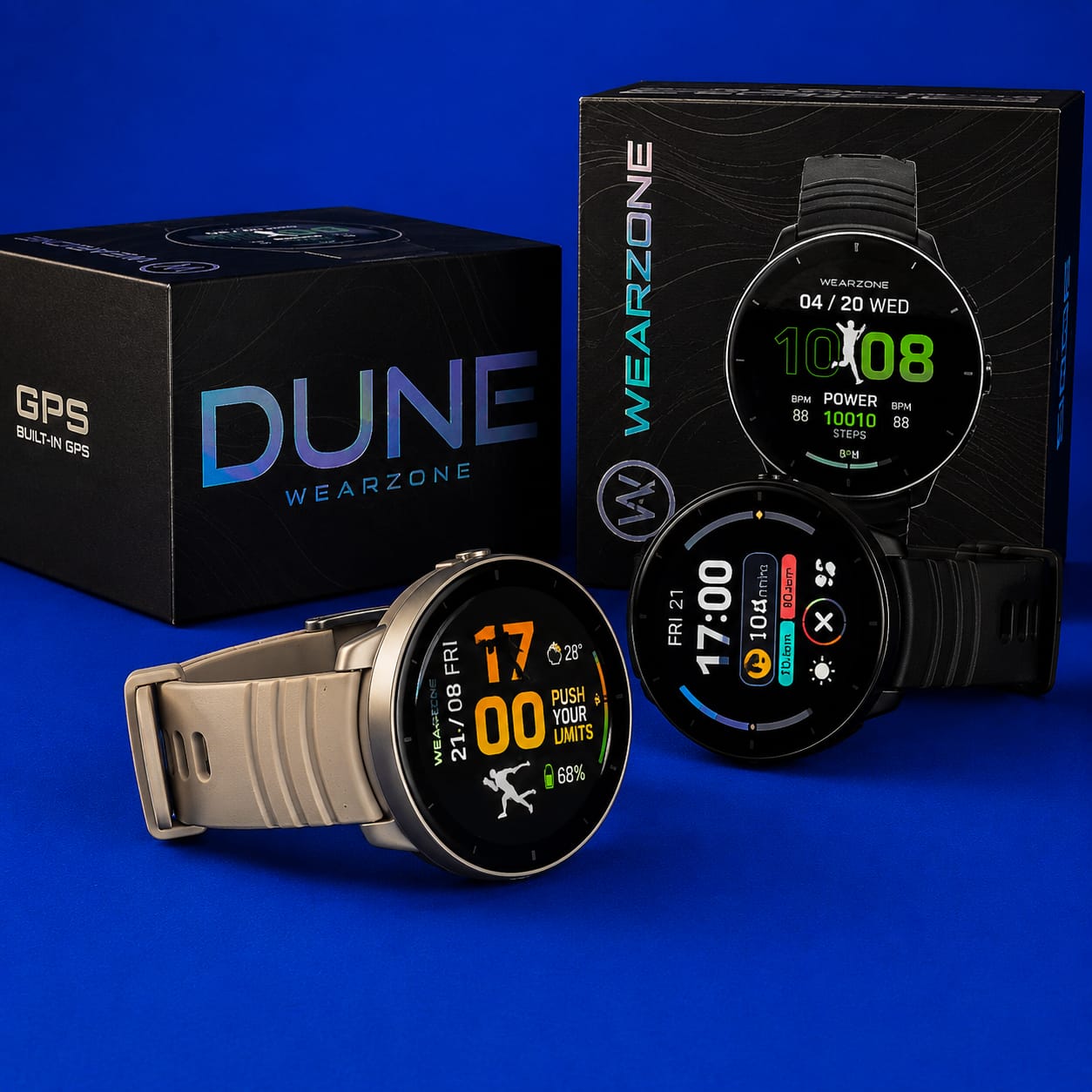 Smartwatch Wearzone Dune com pulseira bege e versão preta ao lado da caixa DUNE