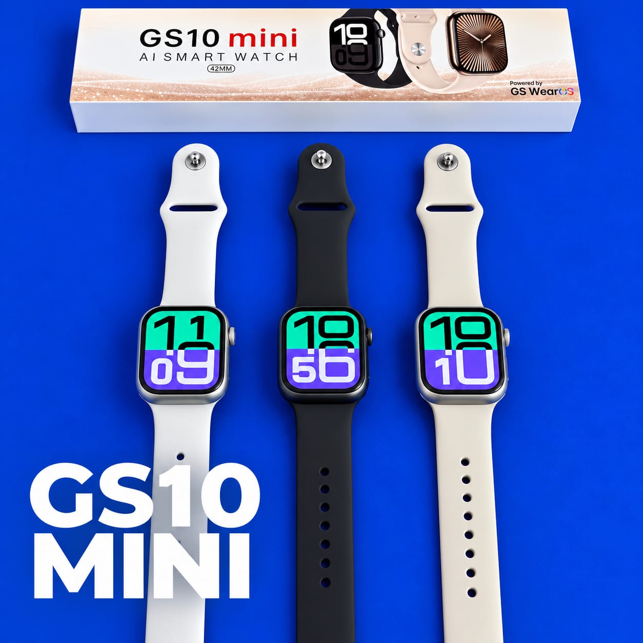 Smartwatch GS10 Mini nas cores branco, preto e starlight com a caixa